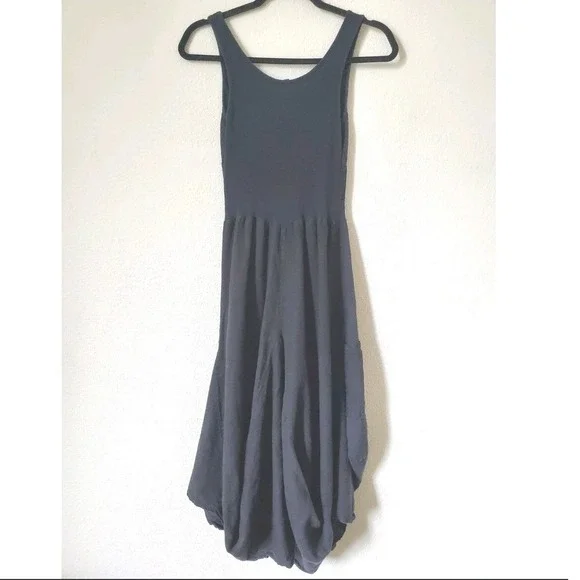 Inizio Italy Black 100% Linen Lagenlook Bubble Hem Midi Dress Womens S Art  Wear - Picture 9 of 13